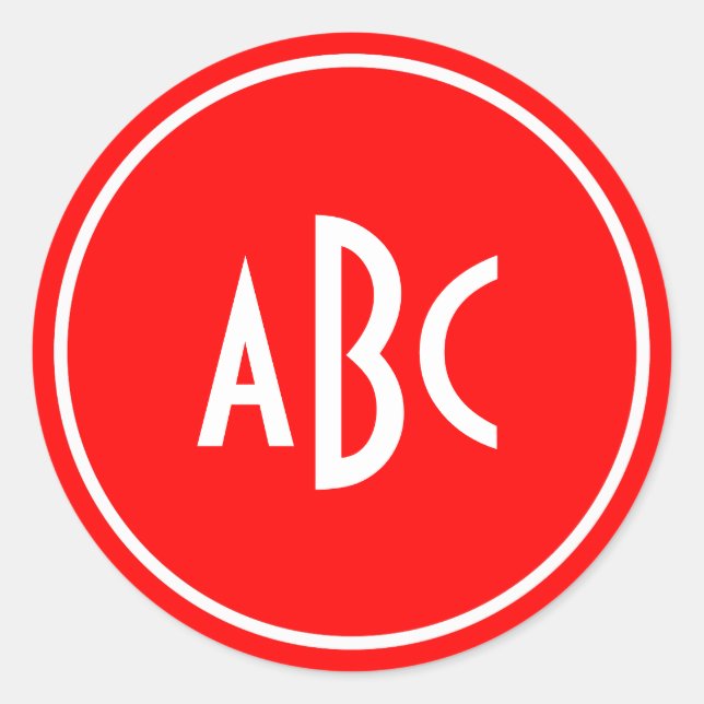 Red and White Ring Circle Monogram Classic Round Sticker (Front)