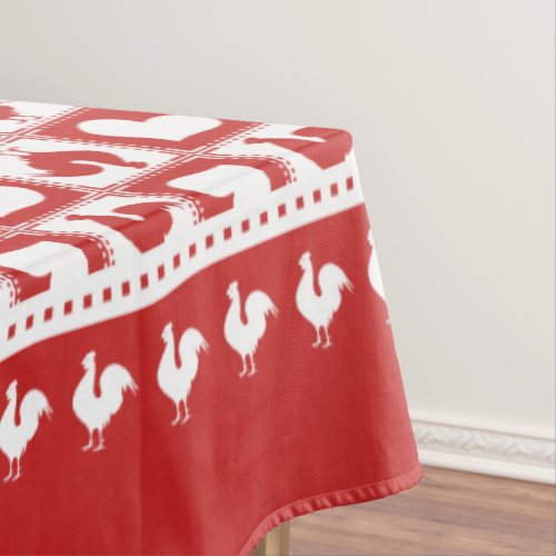 Red and White Rooster and Hearts Checkered Tablecloth