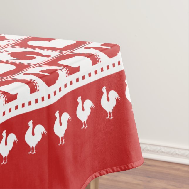 Red and White Rooster and Hearts Checkered Tablecloth (In Situ)