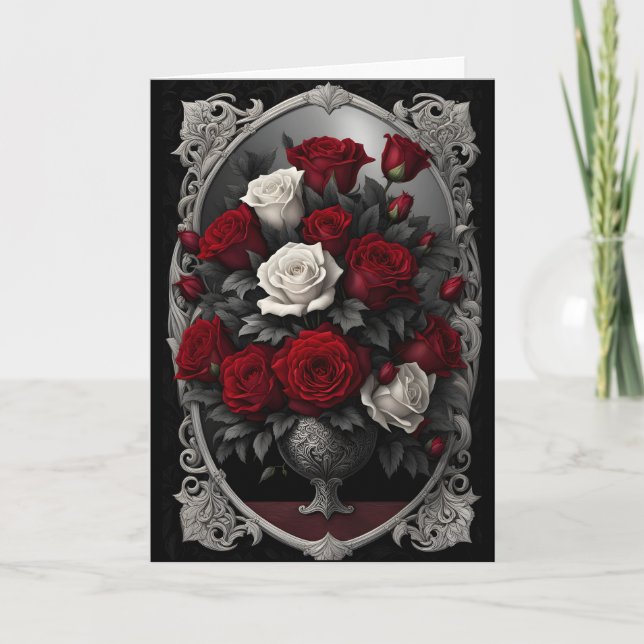 Red and White Rose Bouquet Goth Valentine Holiday Card (Front)