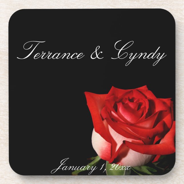 Red and White Rose Personal Wedding Beverage Coaster (Front)