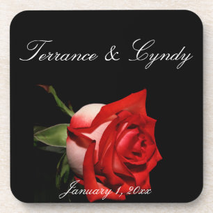 Red and White Rose Personal Wedding Beverage Coaster