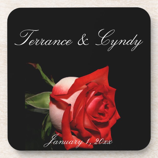 Red and White Rose Personal Wedding Beverage Coaster (Front)