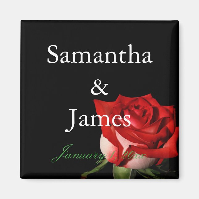 Red and White Rose Personalized Wedding Magnet (Front)
