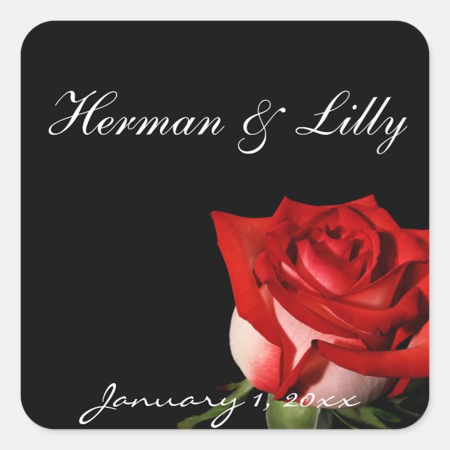 Red and White Rose Personalized Wedding Square Sticker (Front)