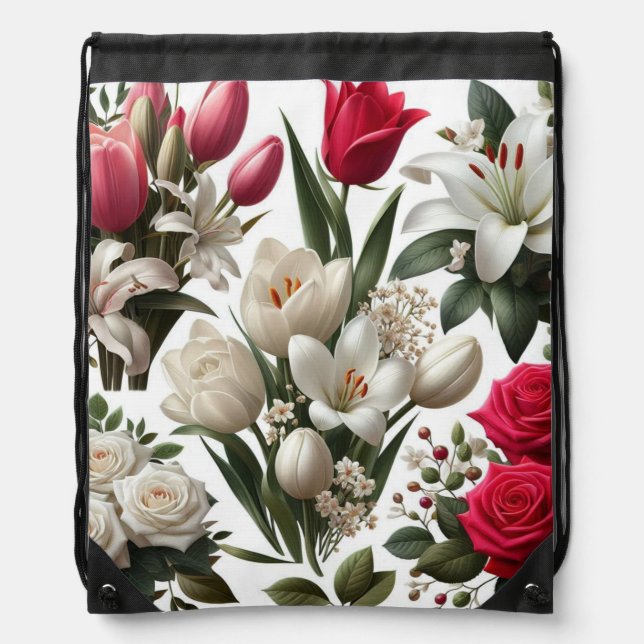 Red and white Roses and lilies Drawstring Backpack (Front)