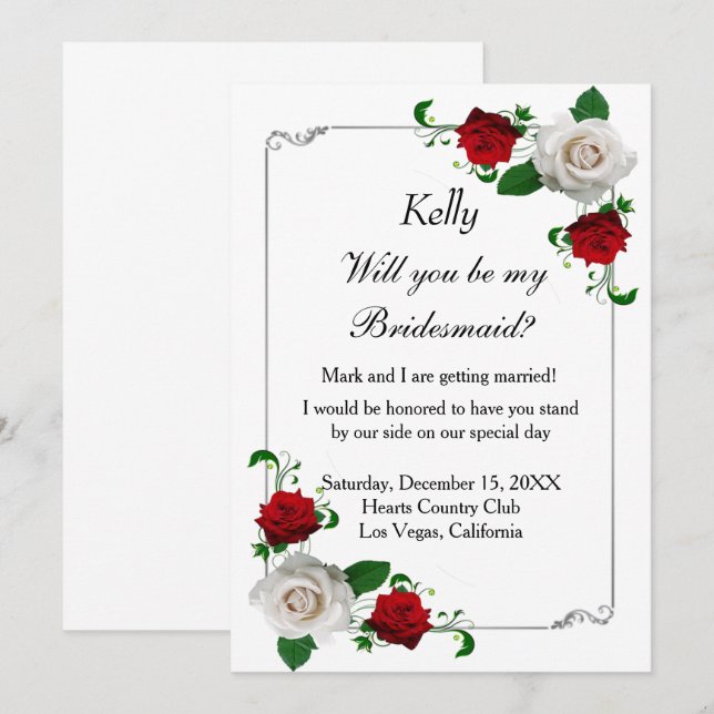 Red And White Roses Christmas Wedding Bridesmaid Invitation (Front/Back)