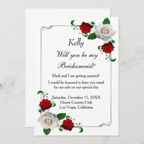 Red And White Roses Christmas Wedding Bridesmaid Invitation