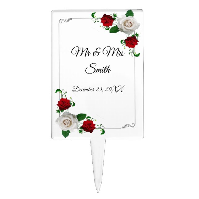 Red And White Roses Christmas Wedding Cake Topper (Front)