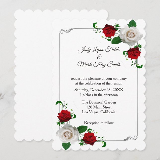 Red And White Roses Christmas Wedding Invitation (Front/Back)