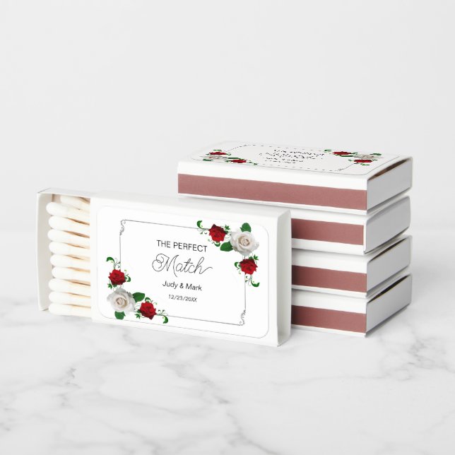 Red And White Roses Christmas Wedding Matchboxes (Stacked)
