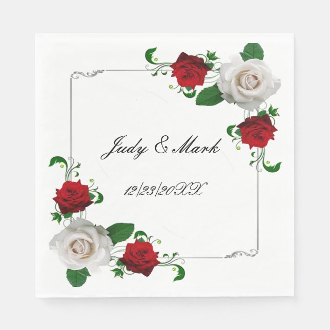 Red And White Roses Christmas Wedding Napkins (Front)