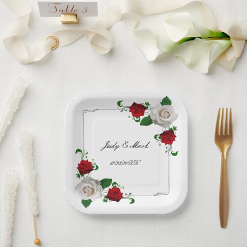 Red And White Roses Christmas Wedding Paper Plates