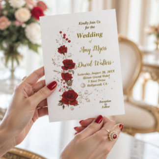 Red and White Roses elegant wedding invitation