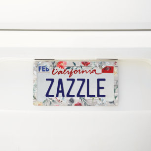 Red And White Roses Feathers Wood Pattern License Plate Frame