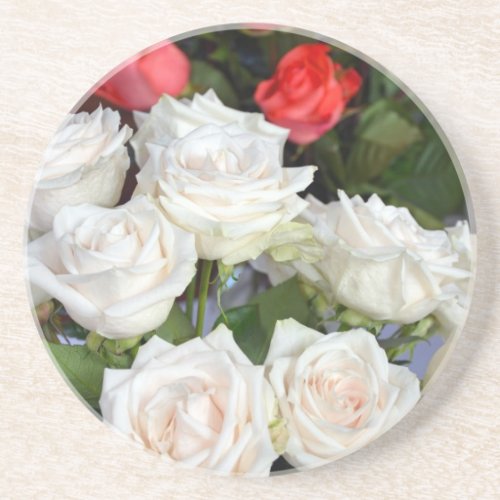 Red and white roses floral arrangement drink coaster