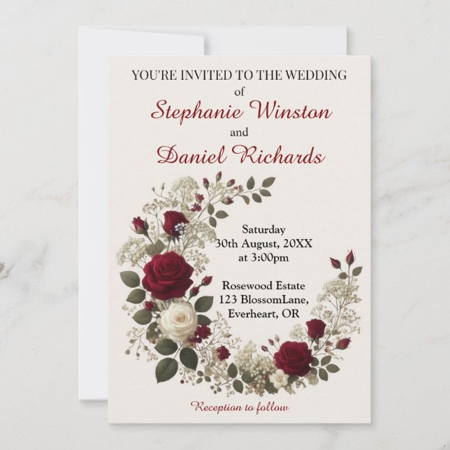 Red and White Roses Floral Wedding  Invitation (Front)
