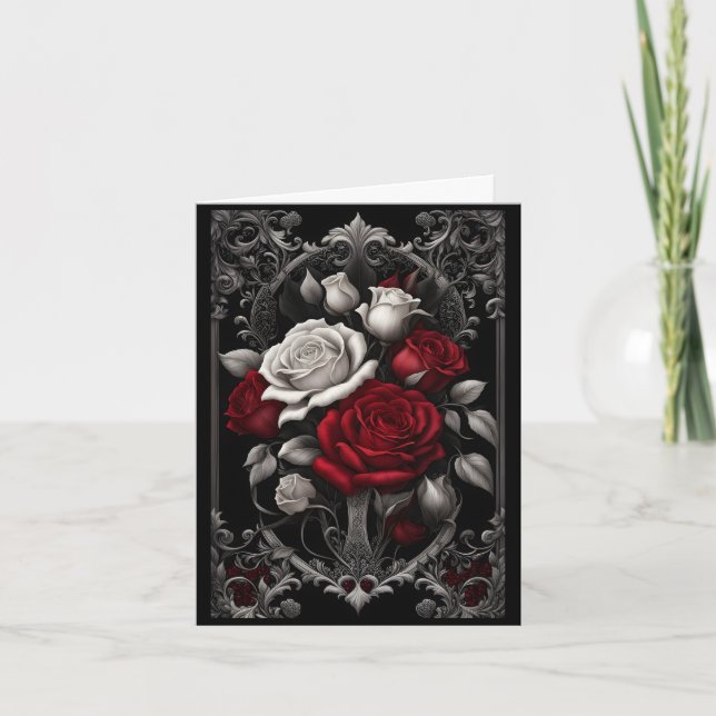 Red and White Roses Ornate Frame Goth Valentine Holiday Card (Front)