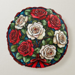Red And White Roses With Intricate Details Round Pillow
