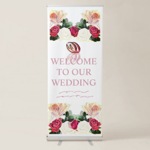 Red and White Roses With Wedding Rings Retractable Banner