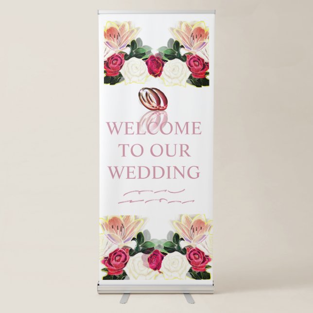 Red and White Roses With Wedding Rings Retractable Banner (Front)