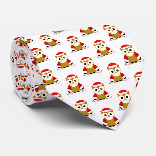 Red and White Santa Owl Christmas Cartoon Neck Tie