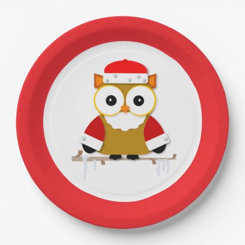 Red and White Santa Owl Christmas Cartoon Paper Plates