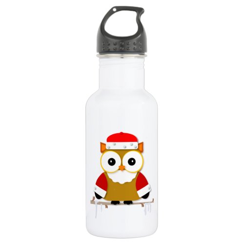 Red and White Santa Owl Christmas Cartoon Stainless Steel Water Bottle