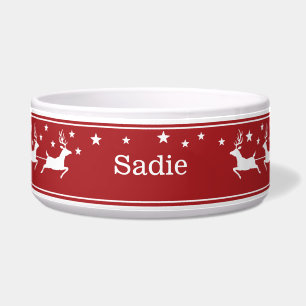 Red And White Santa Sleigh And Stars Christmas Pet Bowl