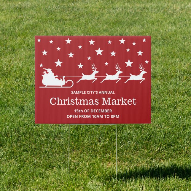 Red And White Santa Sleigh Christmas Market Sign (Insitu)