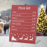 Red And White Santa Sleigh Christmas Price List  Pedestal Sign<br><div class="desc">Price list design created with Christmas markets and events in mind where people sell their homemade cookies,  handmade crafts and so on. The design features Destei's white silhouette of a Santa Claus in a sleigh with three reindeers and some stars. The color scheme is red and white.</div>