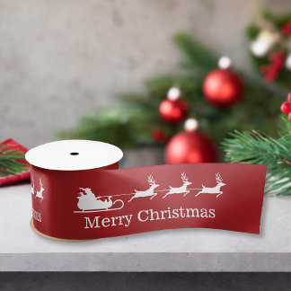 Red And White Santa Sleigh &amp; Merry Christmas Text Satin Ribbon