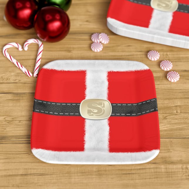 Red and White Santa Suit 🎅🏻 Christmas Party Paper Plates (Fun and festive paper plates for your Santa Party. Just add your initial to his belt)