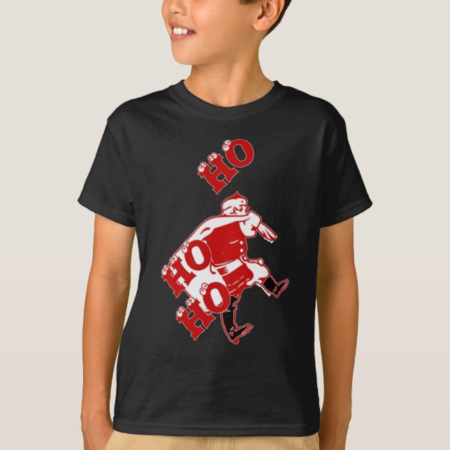 Red and White Santa Walking Ho Ho Ho Art Print T-Shirt (Front)