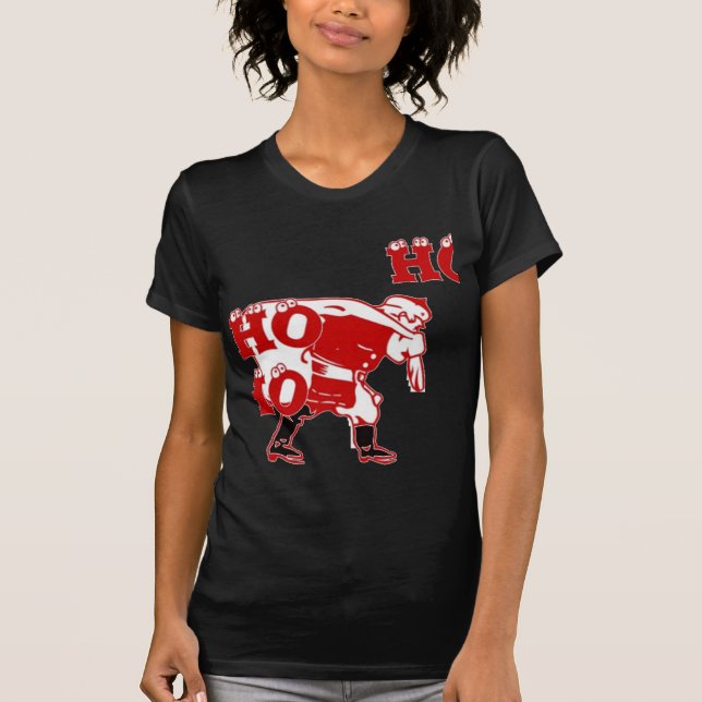 Red and White Santa Walking Ho Ho Ho Art Print T-Shirt (Front)