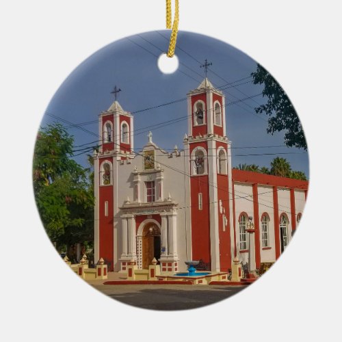 Red and white Santiago Mission   Mexico Ceramic Ceramic Ornament