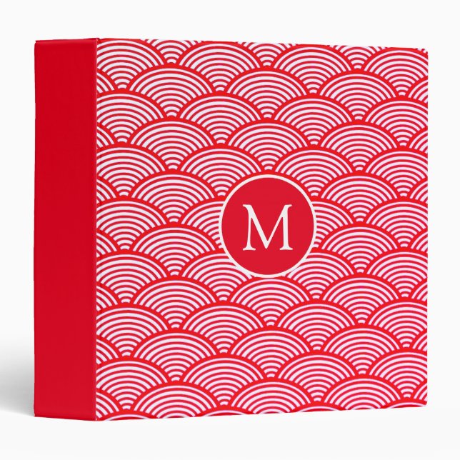 Red and White Scallop Pattern Monogram 3 Ring Binder (Front/Spine)