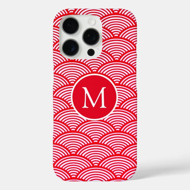 Red and White Scallop Pattern Monogram Case-Mate iPhone Case (Back)