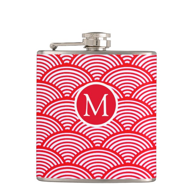Red and White Scallop Pattern Monogram Flask (Front)