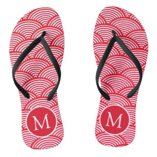 Red and White Scallop Pattern Monogram Flip Flops