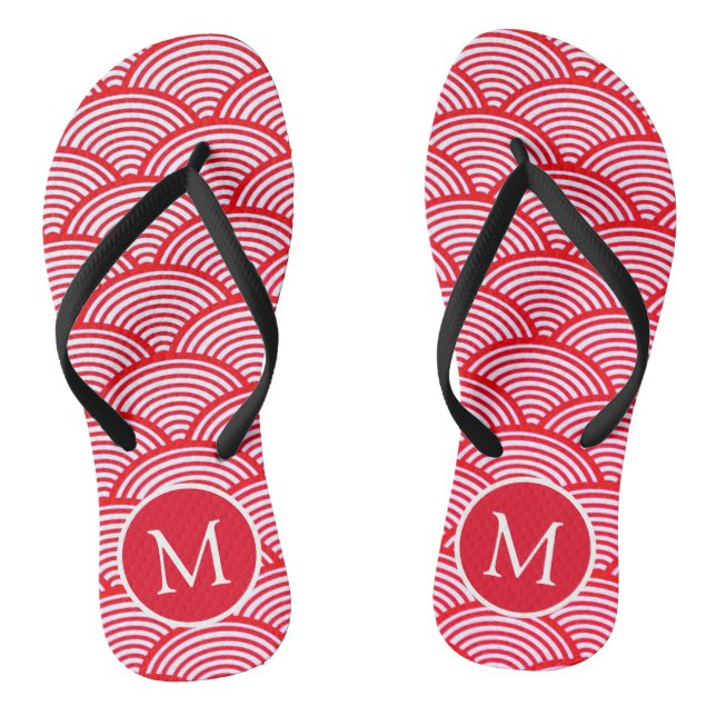 Red and White Scallop Pattern Monogram Flip Flops (Footbed)