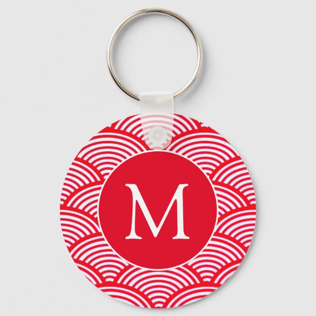 Red and White Scallop Pattern Monogram Keychain (Front)