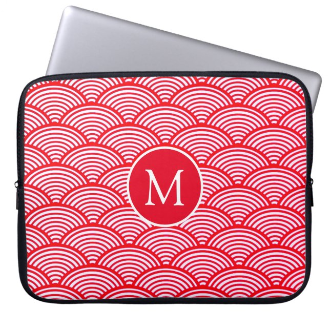 Red and White Scallop Pattern Monogram Laptop Sleeve (Front)