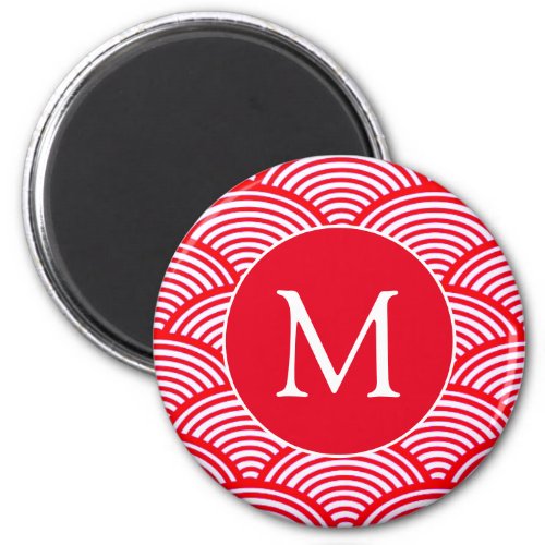 Red and White Scallop Pattern Monogram Magnet