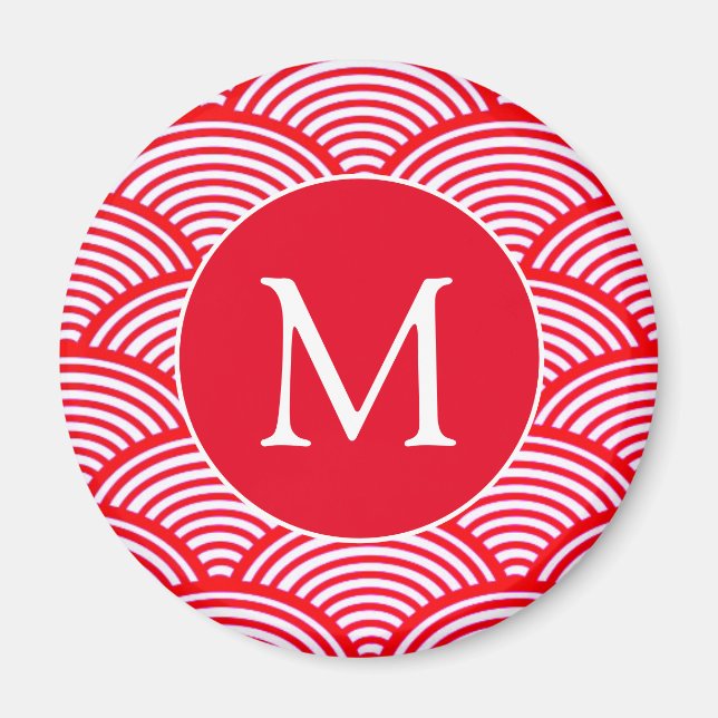 Red and White Scallop Pattern Monogram Magnet (Front)