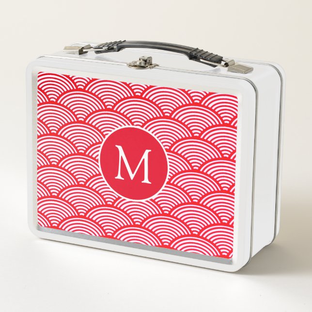 Red and White Scallop Pattern Monogram Metal Lunch Box (Front)