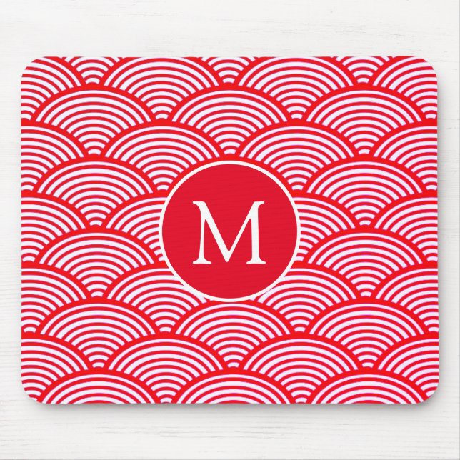 Red and White Scallop Pattern Monogram Mouse Pad (Front)