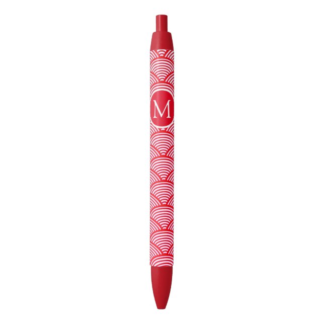Red and White Scallop Pattern Monogram Pen (Front Vertical)