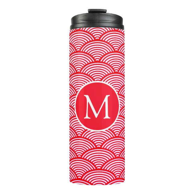 Red and White Scallop Pattern Monogram Thermal Tumbler (Front)