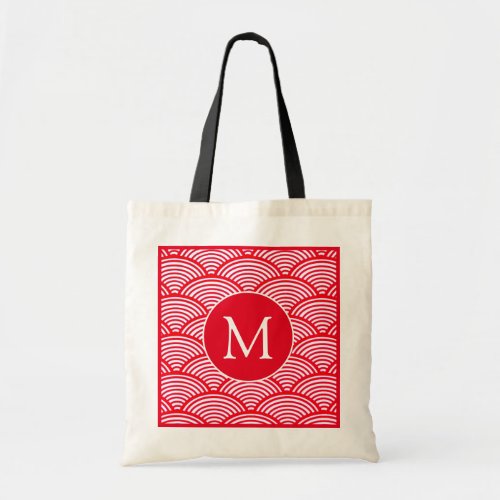 Red and White Scallop Pattern Monogram Tote Bag